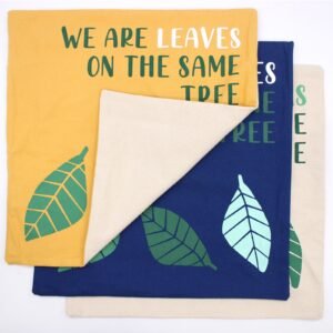 We Are Leaves Printed Cotton Cushion Cover – Yellow, Blue & Natural
