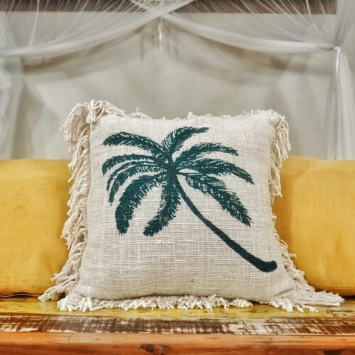 Palm Tree linen cushion cover with fringe, 45 x 45 cm
