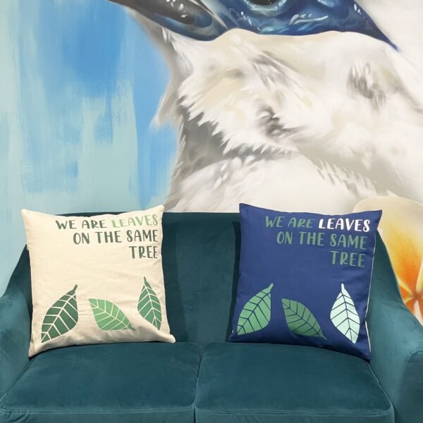 We Are Leaves Printed Cotton Cushion Cover – Yellow, Blue & Natural