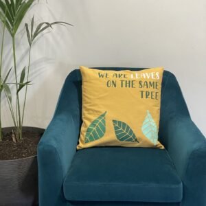 We Are Leaves Printed Cotton Cushion Cover – Yellow, Blue & Natural