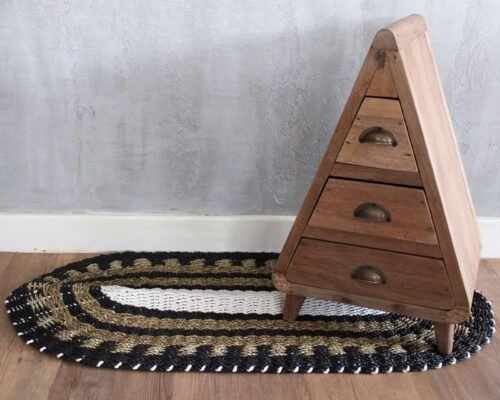 Black, white and tan oval seagrass rug, 60 x 120 cm