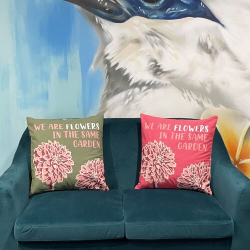 We Are Flowers printed cotton cushion cover in olive, pink and natural tones