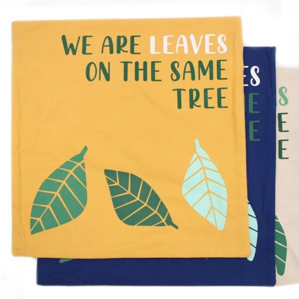 We Are Leaves Printed Cotton Cushion Cover – Yellow, Blue & Natural