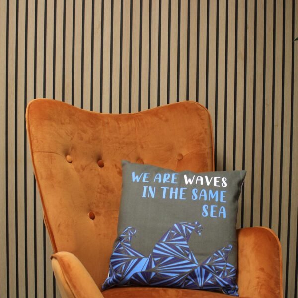 We Are Waves Printed Cotton Cushion Cover – Grey, Blue & Natural