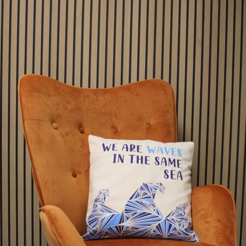 We Are Waves printed cotton cushion cover in grey, blue and natural tones