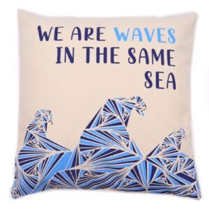We Are Waves Printed Cotton Cushion Cover – Grey, Blue & Natural