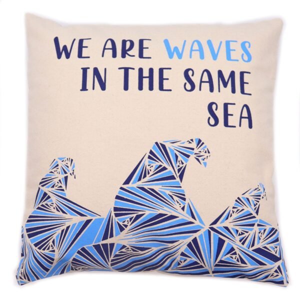 We Are Waves Printed Cotton Cushion Cover – Grey, Blue & Natural