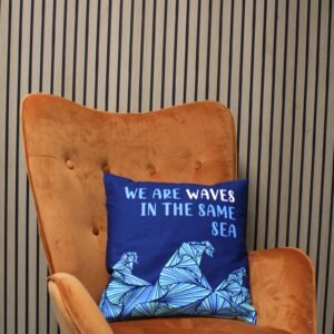 We Are Waves Printed Cotton Cushion Cover – Grey, Blue & Natural