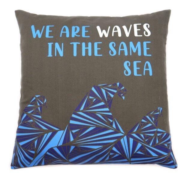 We Are Waves Printed Cotton Cushion Cover – Grey, Blue & Natural
