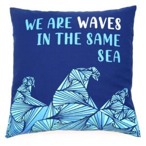 We Are Waves Printed Cotton Cushion Cover – Grey, Blue & Natural