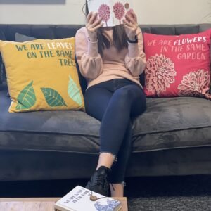 We Are Waves Printed Cotton Cushion Cover – Grey, Blue & Natural