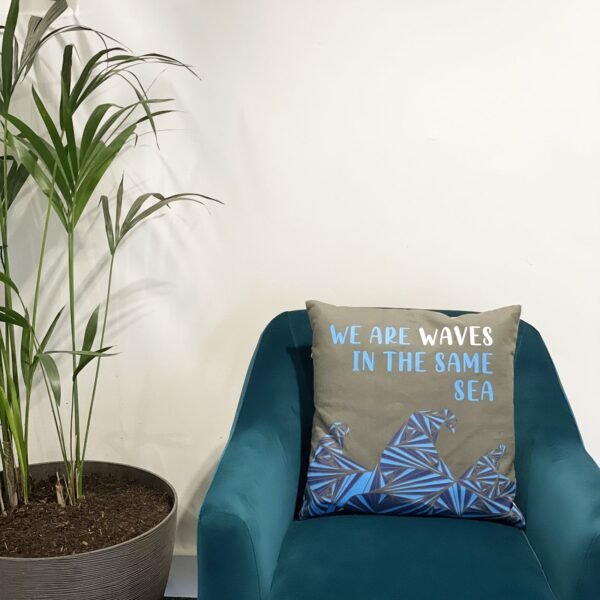 We Are Waves Printed Cotton Cushion Cover – Grey, Blue & Natural