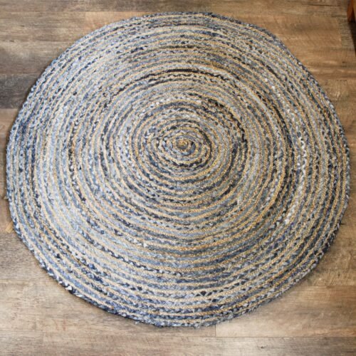 Round jute and recycled denim rug, 150 cm