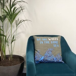 We Are Waves Printed Cotton Cushion Cover – Grey, Blue & Natural
