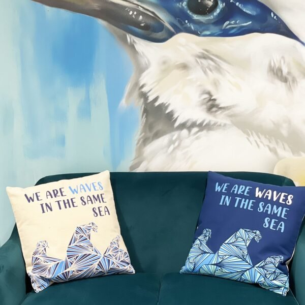 We Are Waves Printed Cotton Cushion Cover – Grey, Blue & Natural